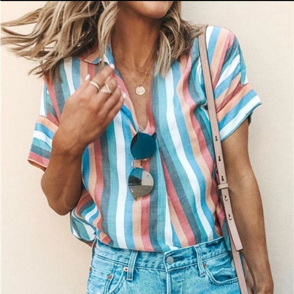 Madewell Rainbow Striped Collared Dolman Sleeve Button-Up Back Coattails Shirt - Picture 4 of 15